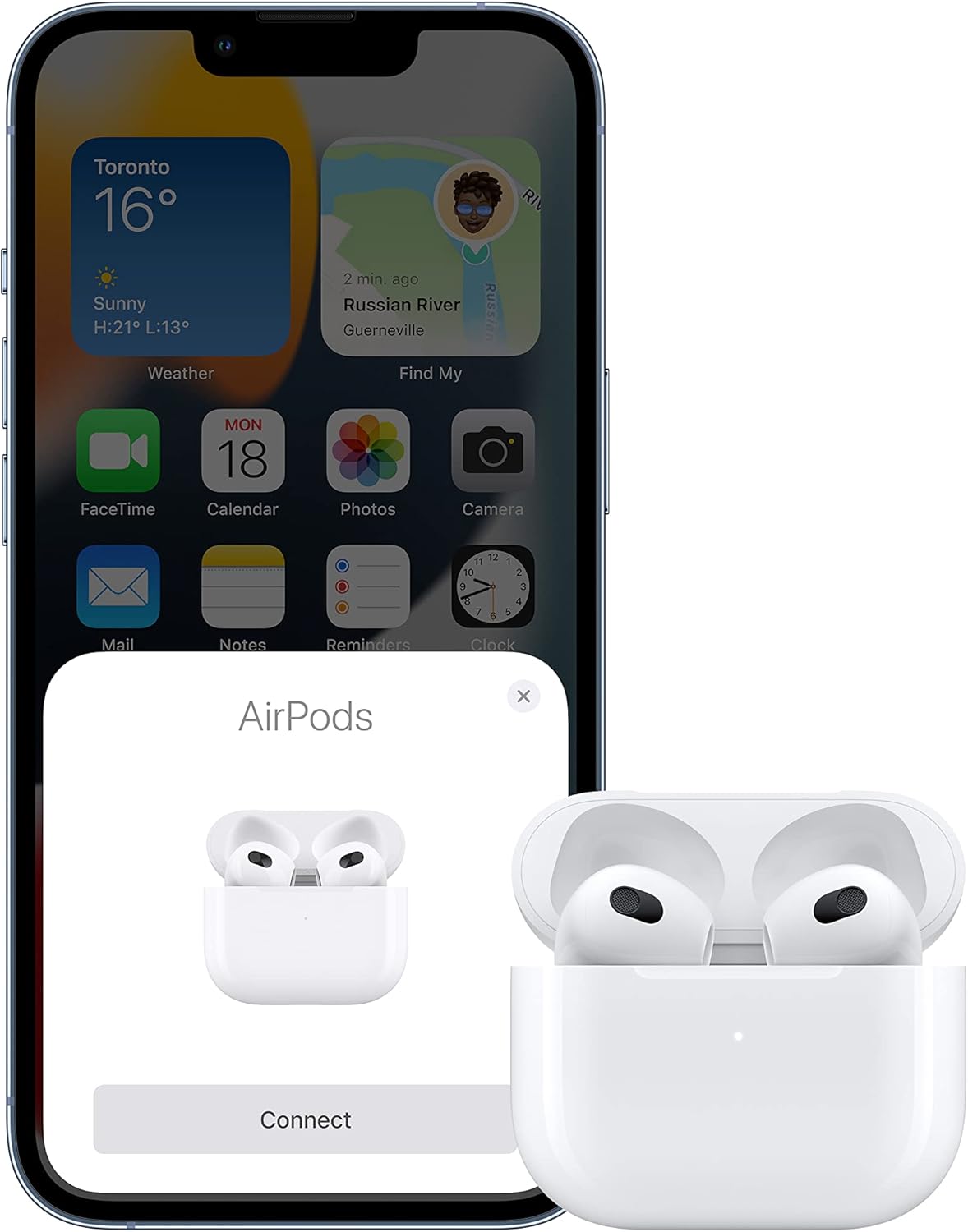 Smartphone with app icons displayed, next to AirPods and their charging case.