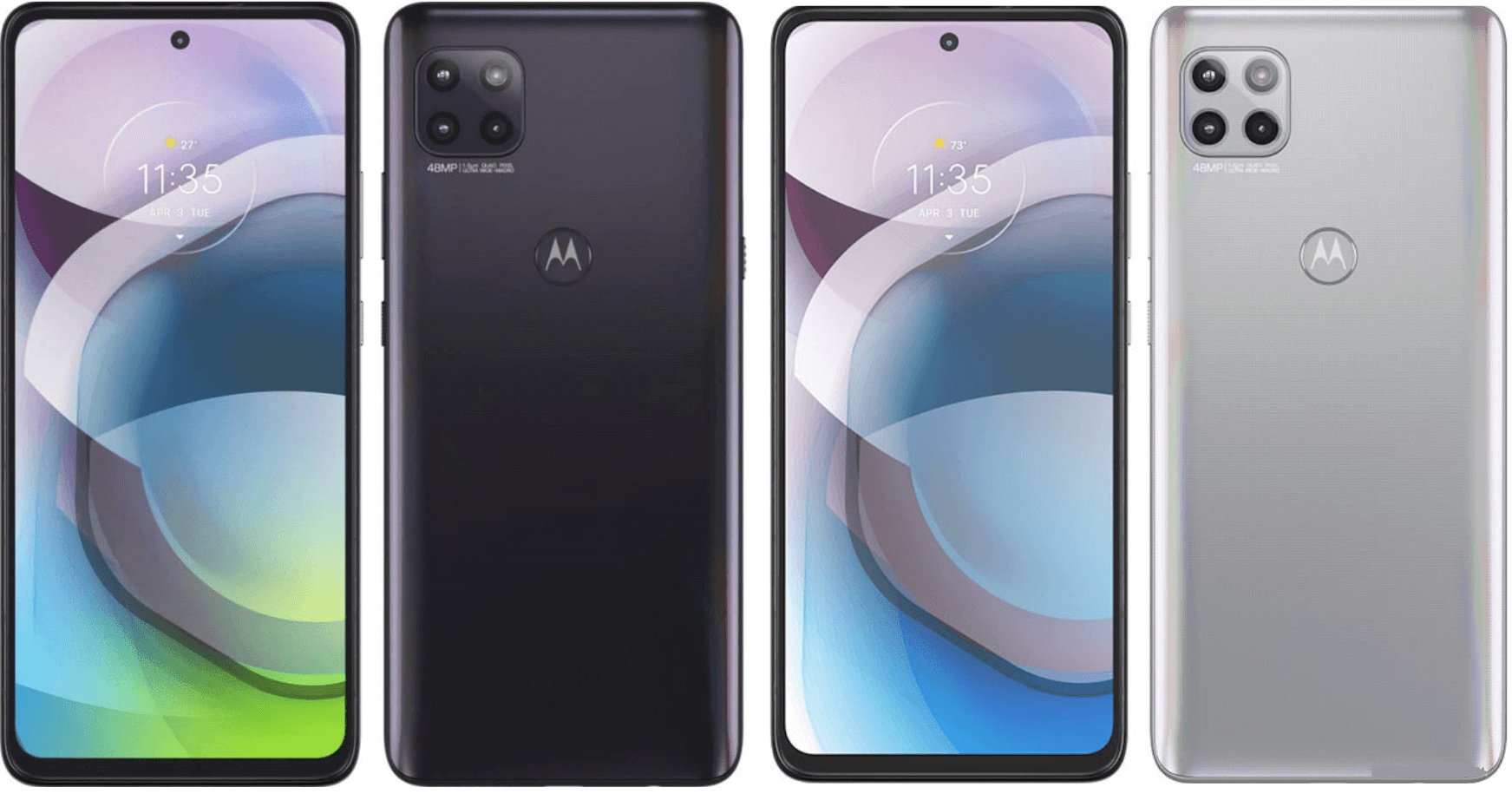 Motorola smartphones displayed side by side, showcasing different color options and styles.