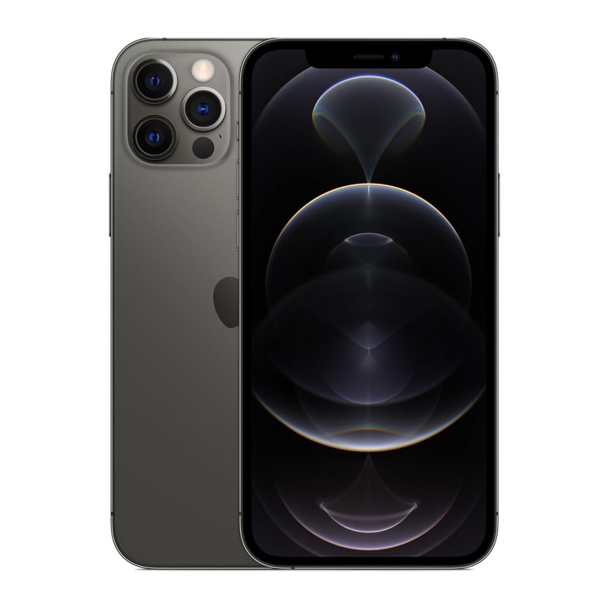Refurbished iPhone 12 Pro Max in graphite, unlocked, shown front and back