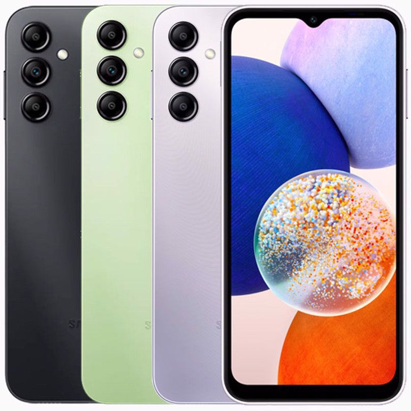 Samsung Galaxy A14 4G Unlocked smartphone in multiple colors: black, green, silver, and pink, featuring a vibrant display.