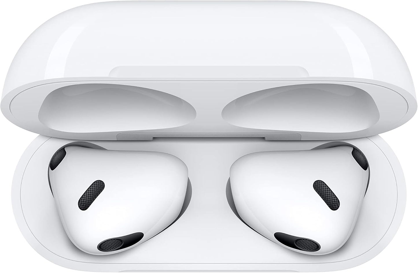 Apple AirPods 3rd Gen inside charging case, showcasing sleek design and compact dimensions.