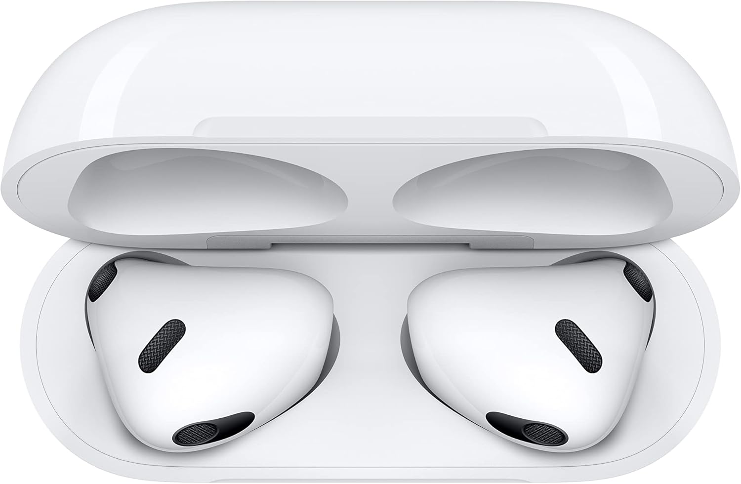 Apple AirPods 3rd Gen inside charging case, showcasing sleek design and compact dimensions.