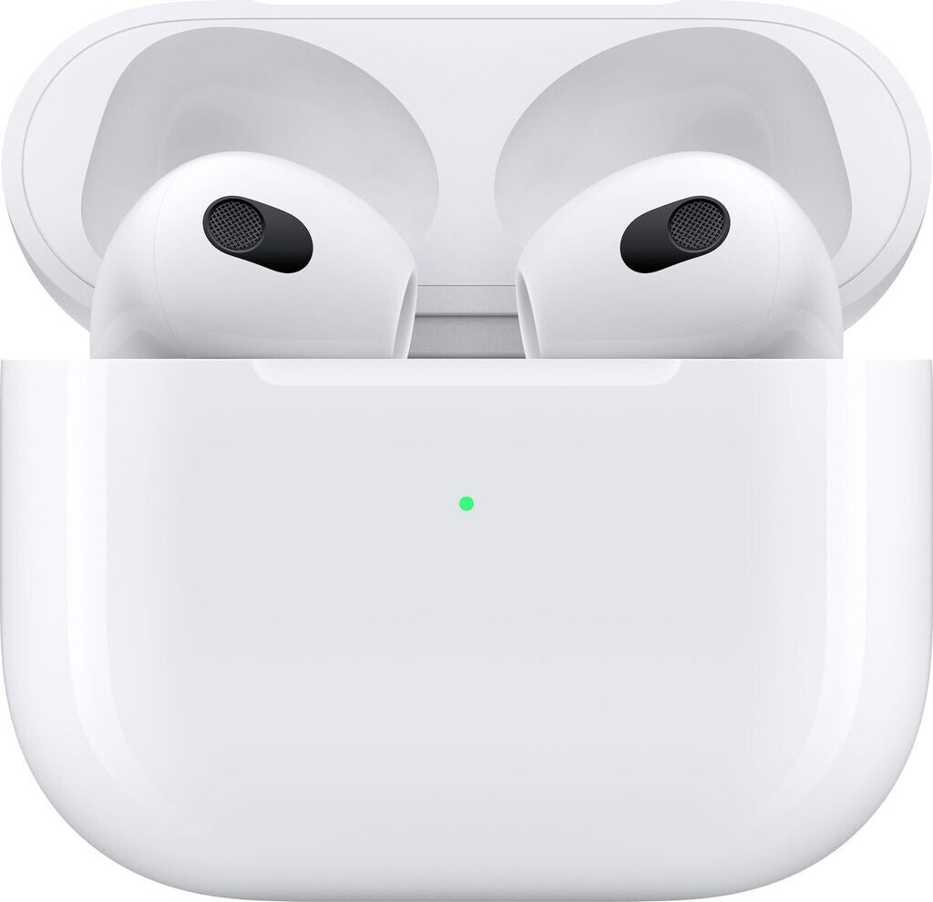 White wireless earbuds in a charging case with a green light indicator.
