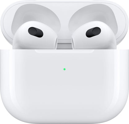 White wireless earbuds in a charging case with a green light indicator.