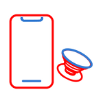 Phone grip pop socket next to a smartphone illustration in red and blue colors.