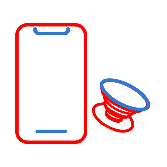 Phone grip pop socket next to a smartphone illustration in red and blue colors.