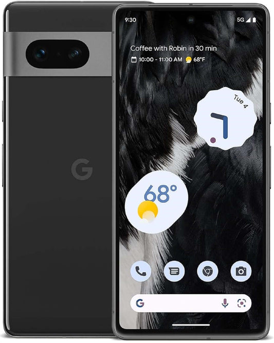 Google Pixel 7 Unlocked smartphone showing display and rear camera, featuring sleek design and vibrant AMOLED screen.
