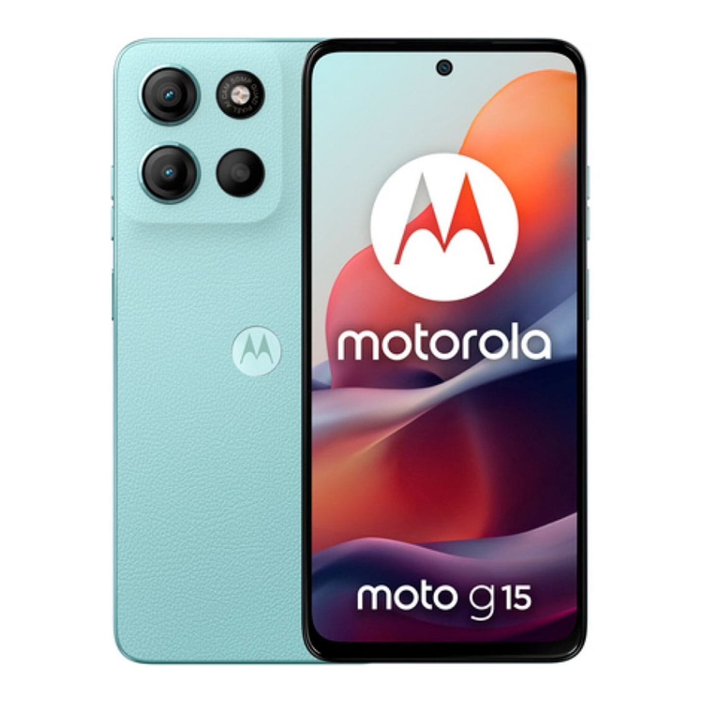 Motorola Moto G15 Unlocked smartphone in blue color with logo and display showcasing moto g 15 features.