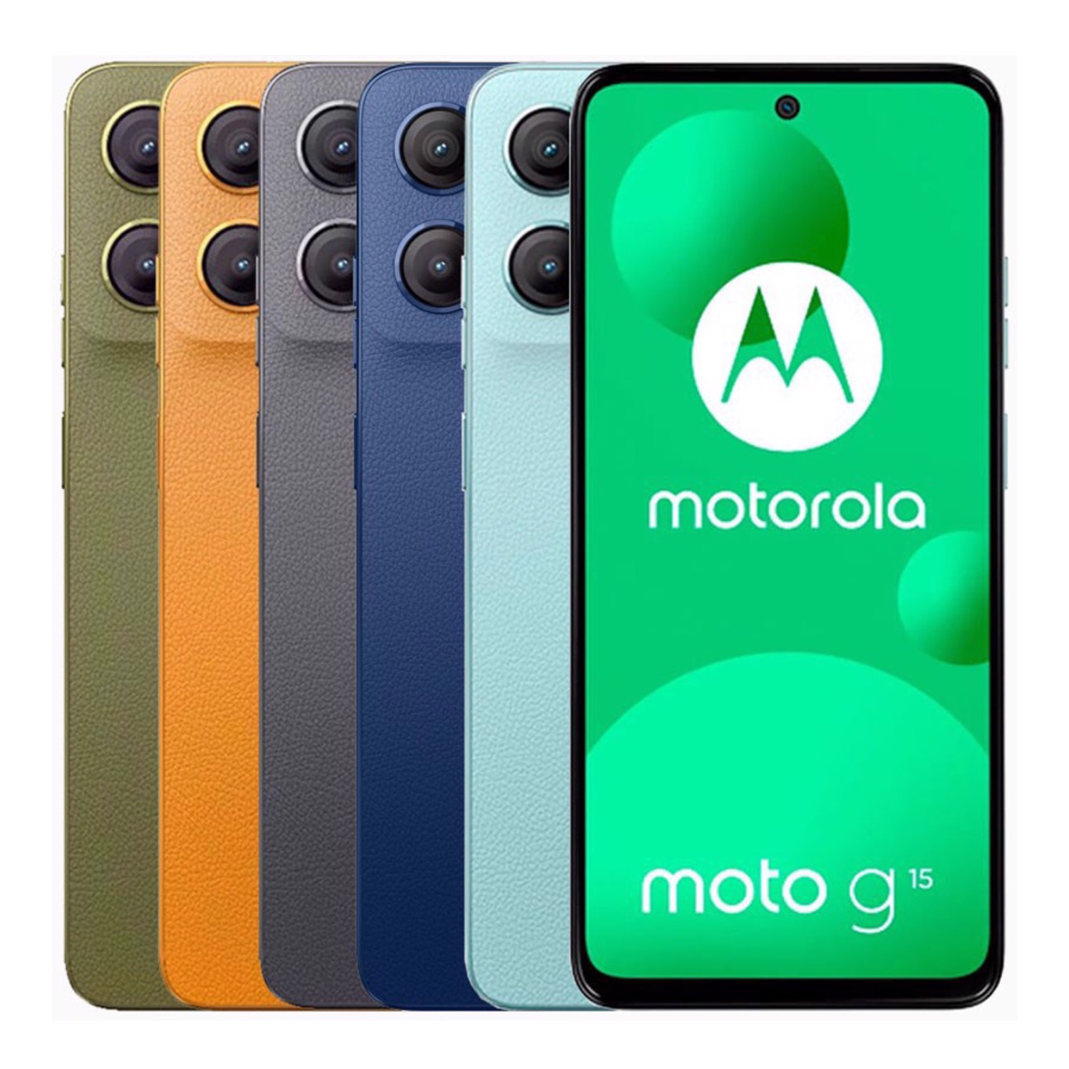 Motorola Moto G15 Unlocked smartphone in various color options with green background and moto g 15 logo.