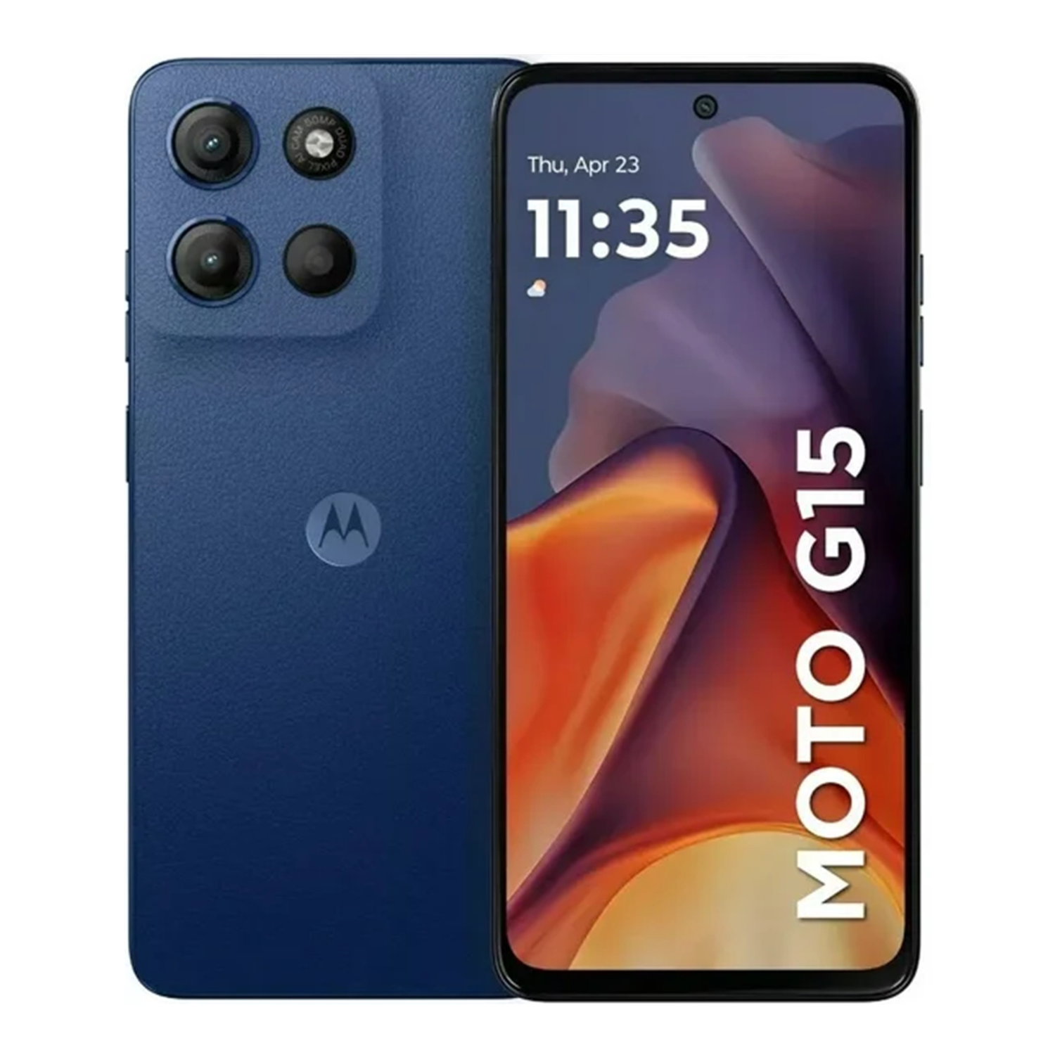 Motorola Moto G15 Unlocked smartphone displayed from the front and back, showcasing its blue color and camera features.