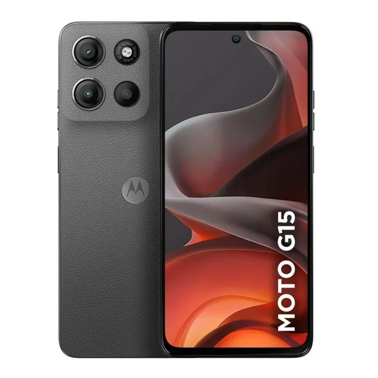 Motorola Moto G15 Unlocked smartphone shown from the back and front with a sleek design and advanced camera features.