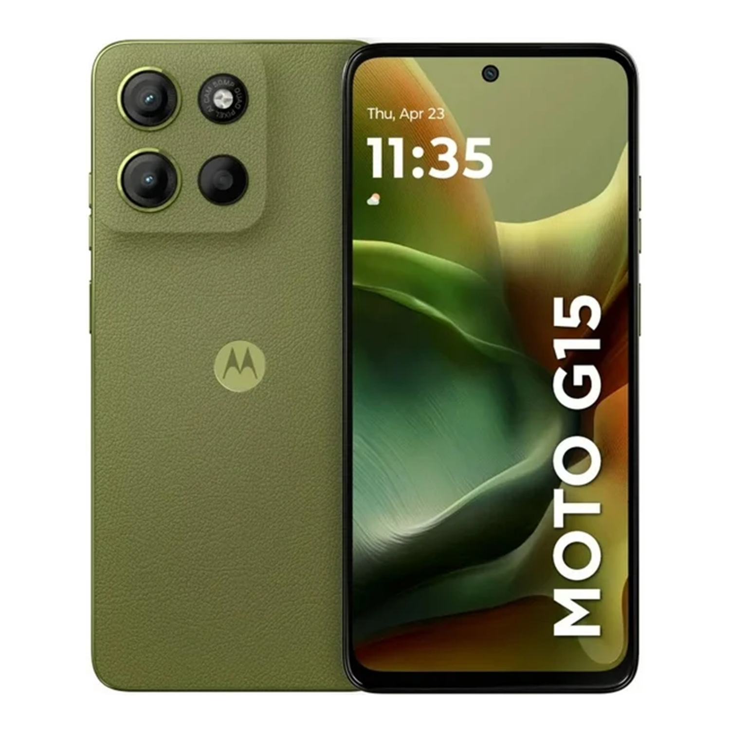 Motorola Moto G15 Unlocked smartphone displayed in green, showcasing its sleek design and front screen.