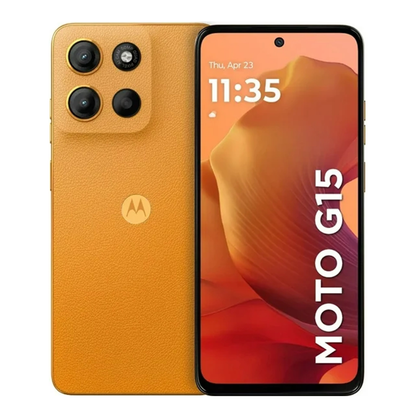 Motorola Moto G15 Unlocked smartphone in vibrant orange color, showcasing its sleek design and display.
