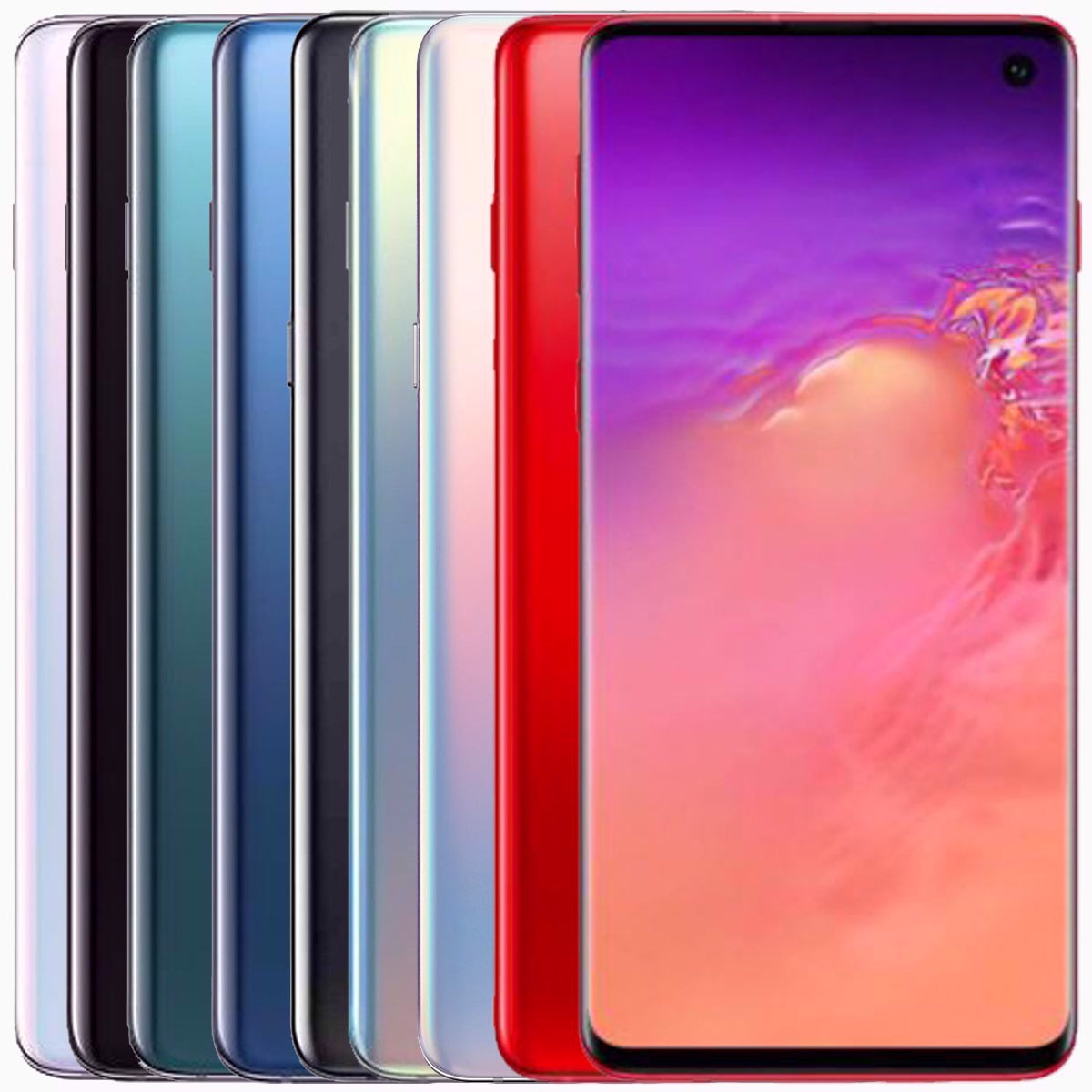 Samsung smartphone in various colors with a front-facing display showing a colorful screen.