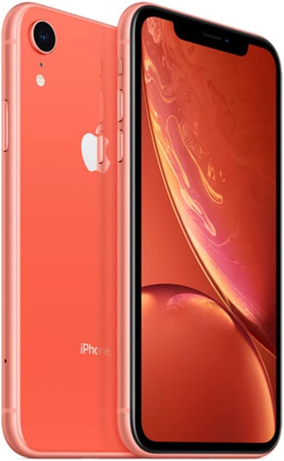 iPhone XR Unlocked in coral color showcasing front and back design with Liquid Retina display.