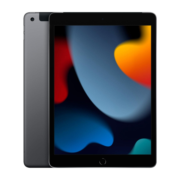 iPad 9th Gen 10.2-inch Wi-Fi + Cellular unlocked tablet, front view.