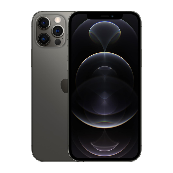 Front view of iPhone 12 with screen on displaying home screen.