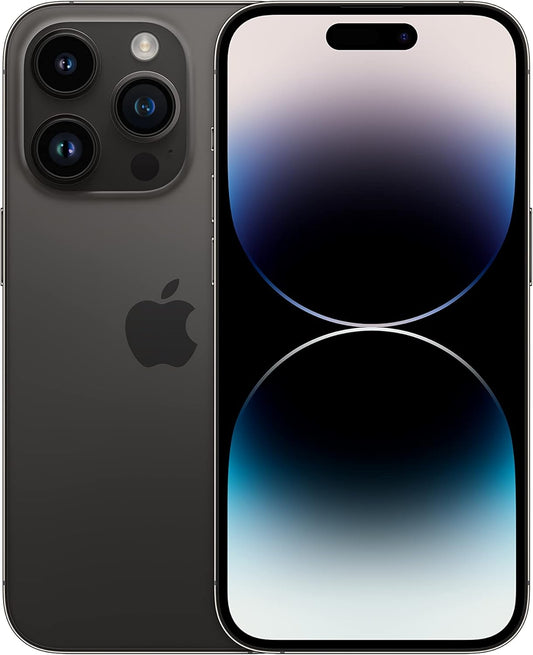 iPhone 14 Pro in Space Black with dual camera setup and vibrant display showing abstract design.