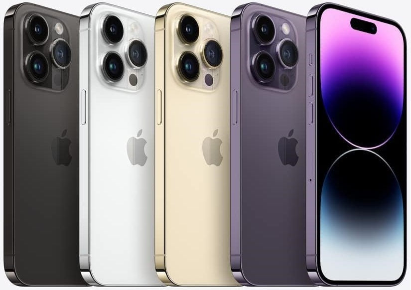 Row of iPhone 14 Pro models in black, white, gold, and purple colors, showcasing sleek design and camera features.